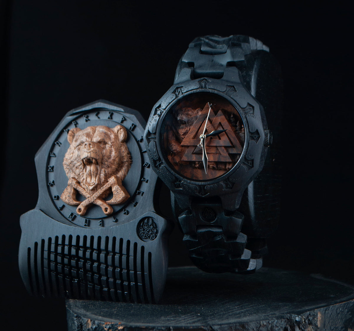Valknut Bear — Bog Oak Watch Set