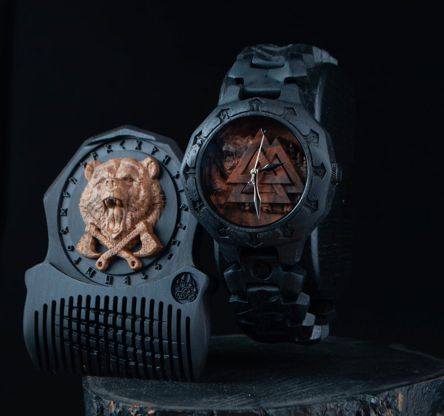 Valknut Bear — Bog Oak Watch Set